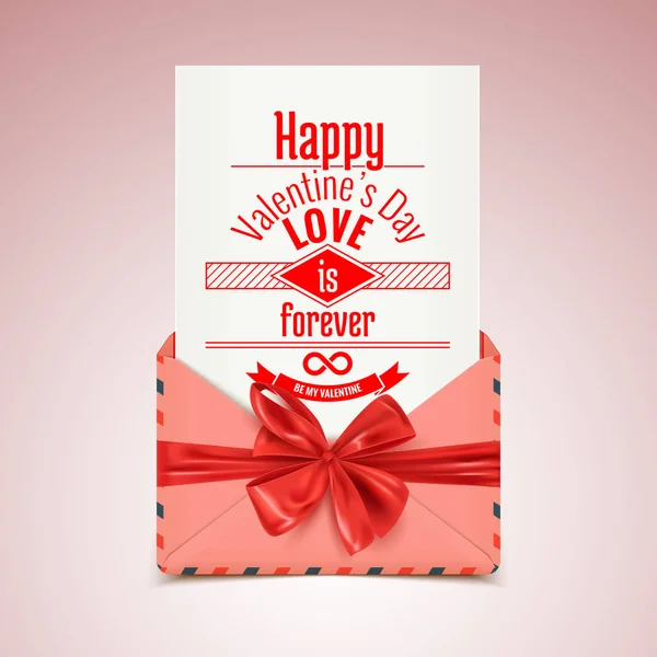 Happy Valentine Day Postcard Envelope Decorative Red Bow Vector Illustration — Stock Vector
