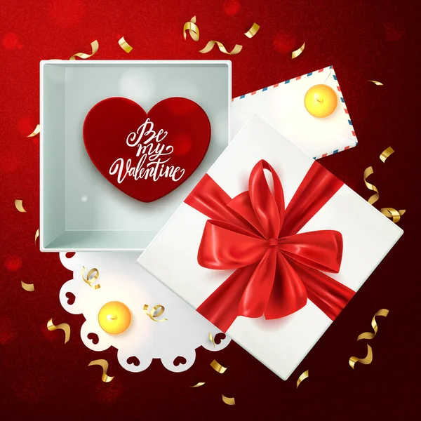 Happy Valentine Day Samenstelling Met Luxe Geschenketui Romantische Elementen Briefkaart — Stockvector