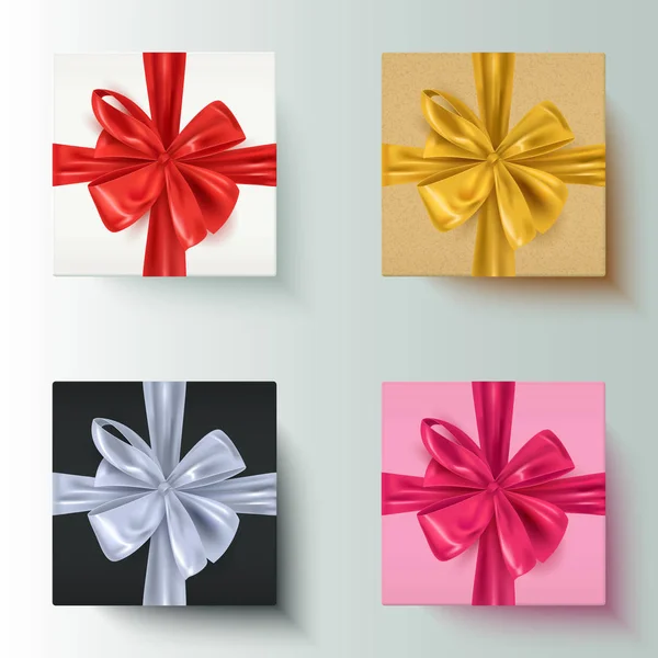 Set Realistic Gift Boxes Decorative Bows Various Colors Vector Illustration — Stock Vector