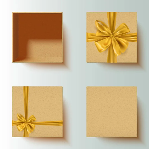 Dizi Gerçekçi Craft Kağıt Hediye Kutusu Dekoratif Altın Yay Açık — Stok Vektör