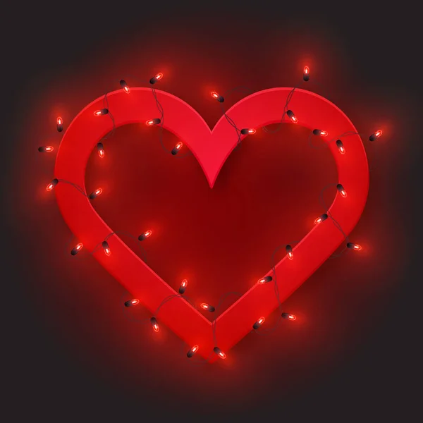 Red Retro Neon Heart Frame Led Light Shine Garland Vector — Stock Vector