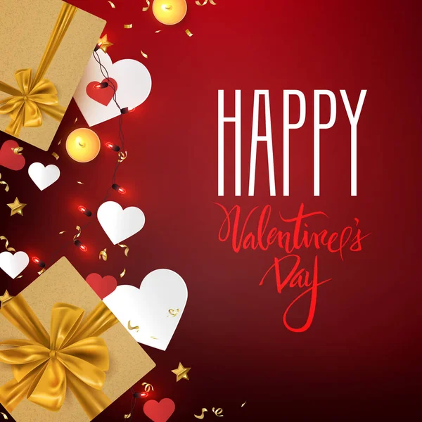 Feliz Día San Valentín Postal Romántica Con Cajas Regalo Elementos — Vector de stock