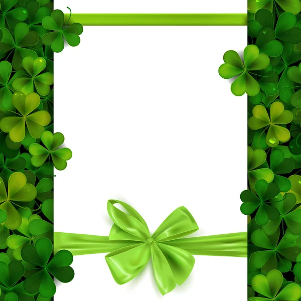 Happy Saint Patrick Day Background Shamrock Leaves Green Ribbon Bow — стоковый вектор