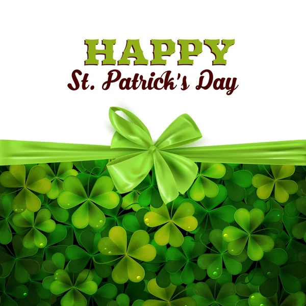 Happy Saint Patrick Day Background Shamrock Leaves Green Ribbon Bow — стоковый вектор