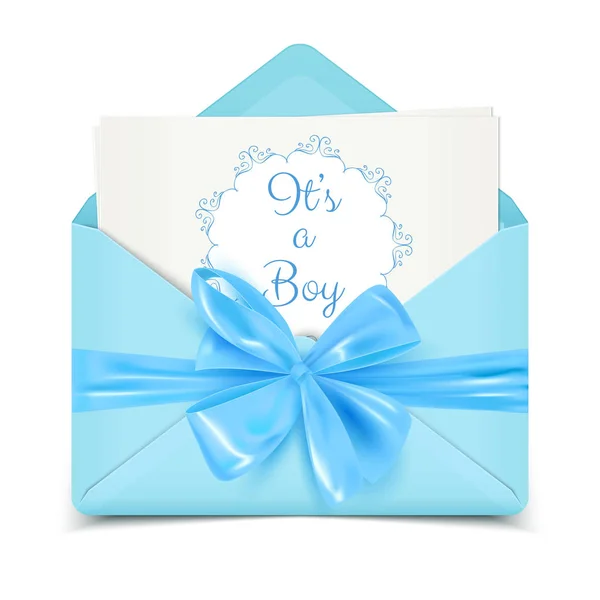 Boy Baby Shower Cute Card Invitation Blue Envelope Decorative Bow — Stock Vector