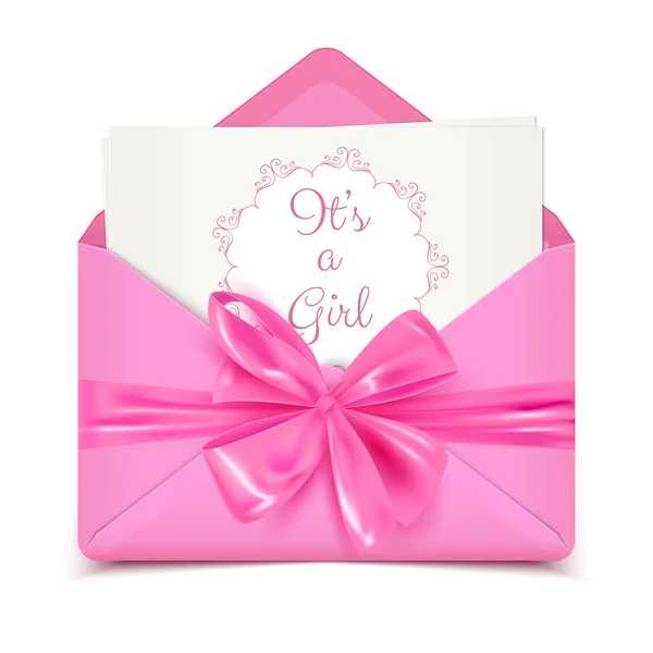 Girl Baby Shower Cute Card Invitation Pink Envelope Decorative Bow — стоковый вектор