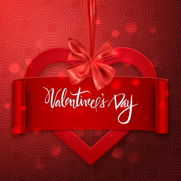 Hati Merah Dengan Pita Dan Busur Dekoratif Hati Happy Valentine - Stok Vektor