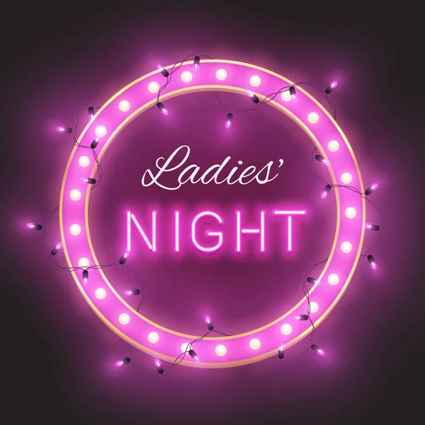 Ladies Night Pink Glänzende Retro Schilder Mit Led Lichtergirlanden Vektorillustration — Stockvektor