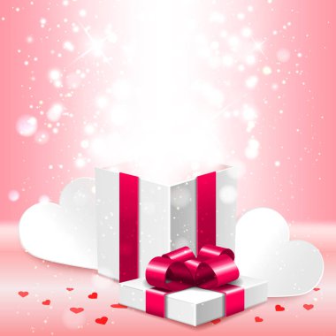 Açık hediye kutusu parlak ışıklar sürpriz içinde tebrik kartı, afiş, vektör çizim ile