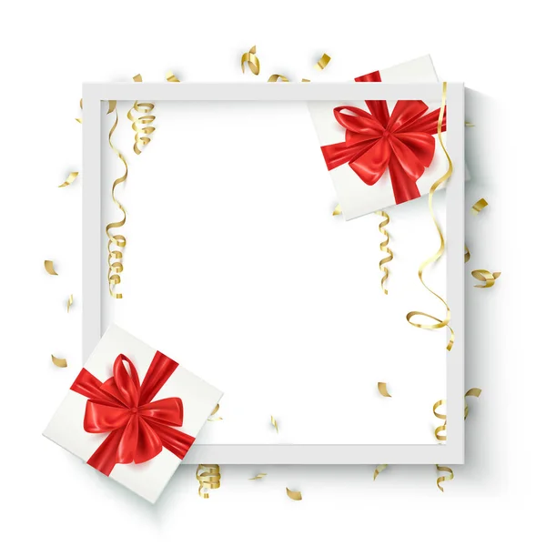 Holiday Festive Background Template Gift Boxes Confetti Composition Frame Birthday — Stock Vector