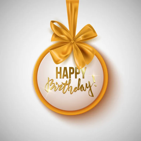 Текст Поздравления Днем Рождения Реалистичной Золотой Бирке Декоративным Бантом Лентой — стоковый вектор