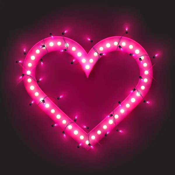 Rosa Retro Neon Herzrahmen Led Lichterglanz Girlande Vektorillustration — Stockvektor