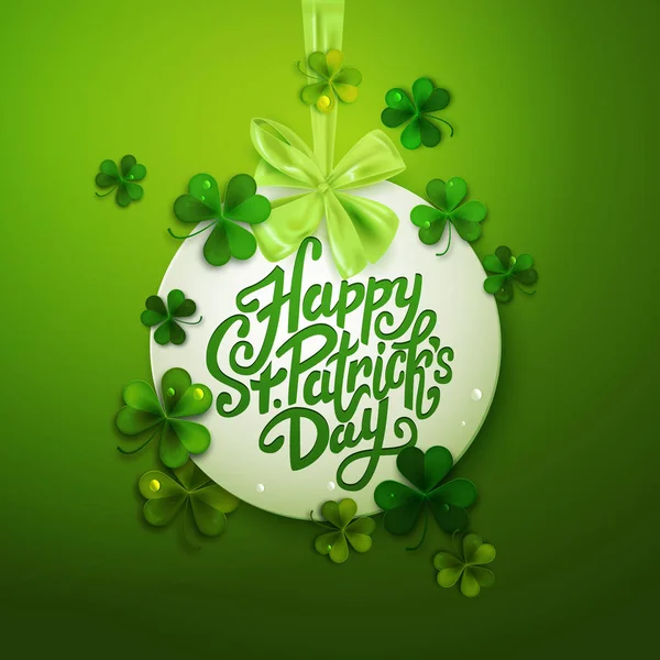 Happy Saint Patrick Day Decorative Tag Green Bow Vector Illustration — Stock Vector