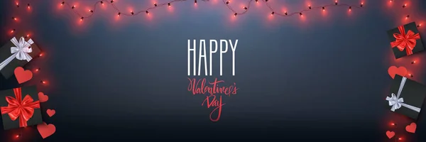 Boldog Valentin Nap Romantikus Banner Díszdobozok Más Dekoratív Elemek Vektoros — Stock Vector