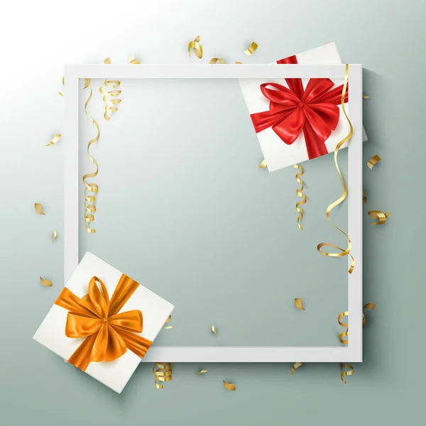 Modèle Fond Fête Vacances Boîtes Cadeaux Cadre Composition Confettis Anniversaire — Image vectorielle
