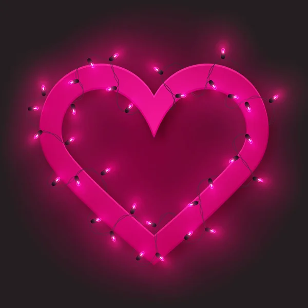 Pink Retro Neon Heart Frame Led Light Shine Garland Vector — Stock Vector