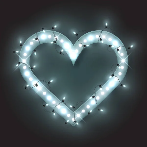 Silber Retro Neon Heart Frame Led Light Shine Girland Vektorillustration — Stockvektor