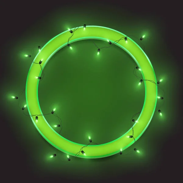 Зеленый Ретро Неоновый Круг Рамка Привели Блестящие Гирлянды Огни Векторная — стоковый вектор