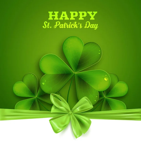 Happy Saint Patrick Day Background Shamrock Leaves Green Ribbon Bow — Stock Vector