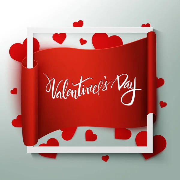 Buon San Valentino Romantico Banner Con Nastro Rosso Cuori Illustrazione — Vettoriale Stock