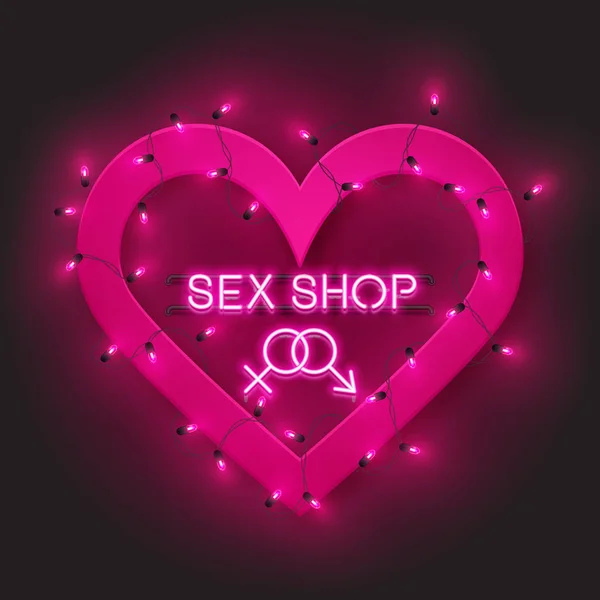 Sex Shop Ogłoszenie Neon Projekt Realistyczny Tekst Kształcie Serca Diody — Wektor stockowy