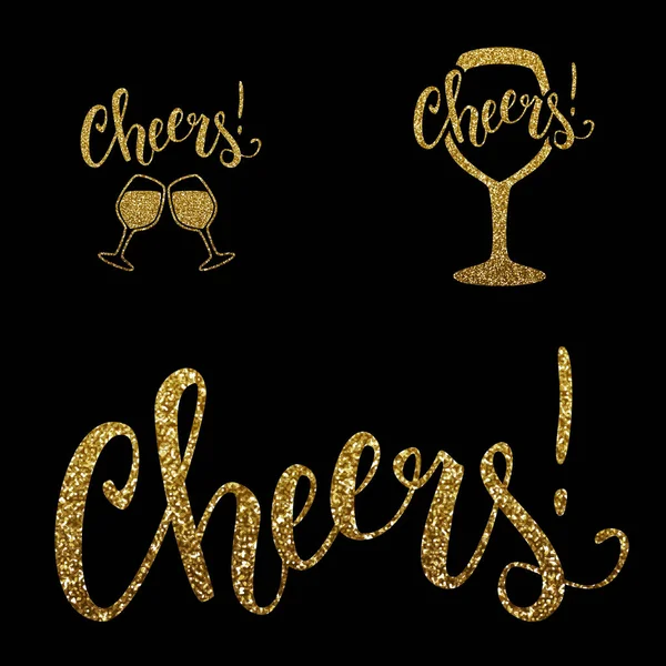 Cheers Gold Glitter Text Wine Glasses Motivational Poster Design Vector — Stock Vector
