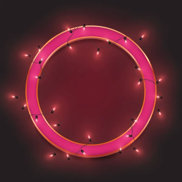 Розовый Ретро Неоновый Круг Рамка Привели Блестящие Гирлянды Огни Векторные — стоковый вектор