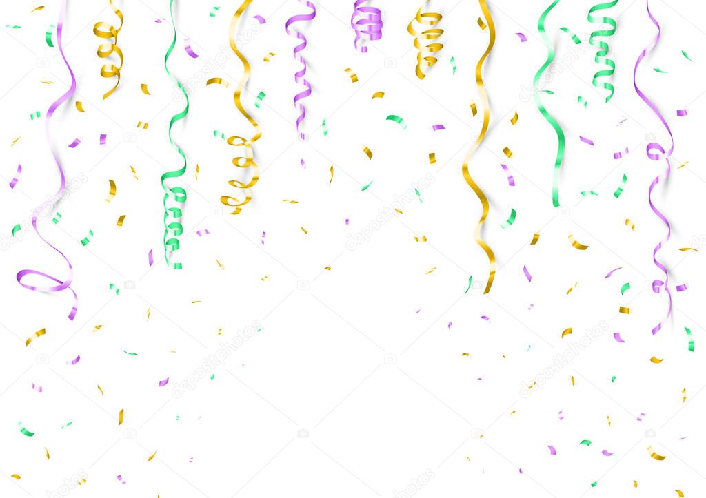 Confetti and ribbons background template, holiday, birthday, mardi gras colors, vector illustration