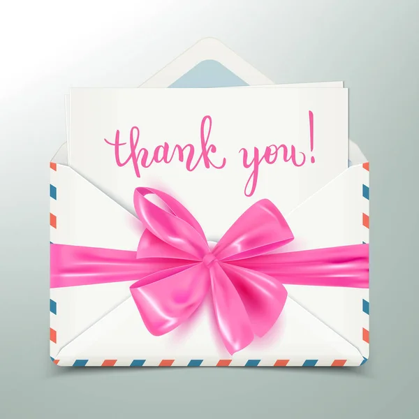 Dankeschön Nachricht Realistischem Umschlag Mit Pinkfarbener Zierschleife Vektorillustration — Stockvektor