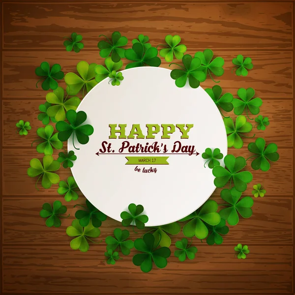 Happy Saint Patrick Day Paper Banner Shamrock Leaves Wood Background — Stock Vector