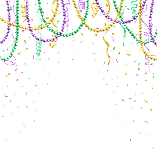Mardi Gras Modello Sfondo Banner Festivo Perline Colorate Coriandoli Illustrazione — Vettoriale Stock