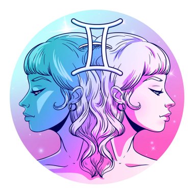 İkizler burcu tabelaları, güzel kız yüzü, burç sembolü, yıldız işareti, vektör çizimi.