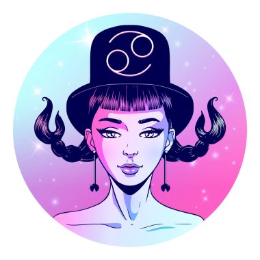 Kanser burç işareti resimleri, güzel kız yüz, Astroloji sembolü, yıldız işareti, vektör çizim