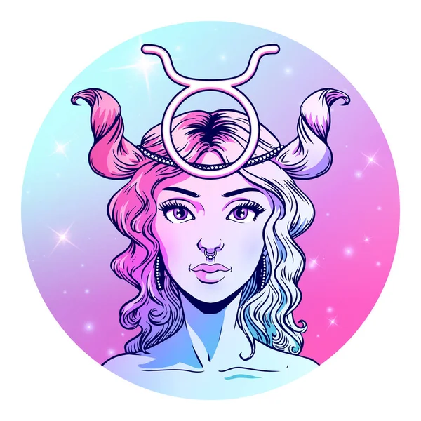 Vacker Flicka Ansikte Stjärntecken Horoskop Symbol Taurus Zodiac Sign Konstverk — Stock vektor