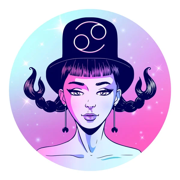 Krásná Dívka Tvář Horoskop Symbolu Cancer Zodiac Znamení Kresby Vektorové — Stockový vektor