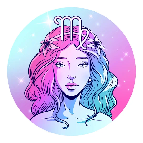 Oeuvre Art Signe Zodiaque Vierge Beau Visage Fille Symbole Horoscope — Image vectorielle