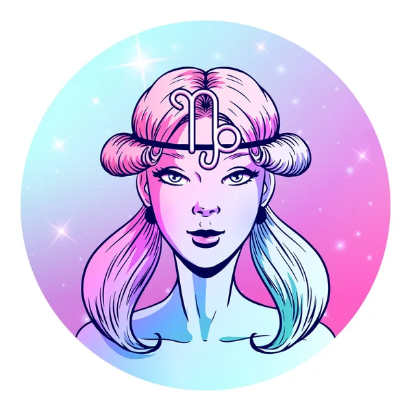 Krásná Dívka Tvář Horoskop Symbol Kresbu Znamení Zvěrokruhu Kozoroh Vektorové — Stockový vektor