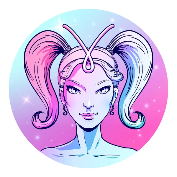 Aries Signo Del Zodiaco Obras Arte Cara Chica Hermosa Símbolo — Vector de stock