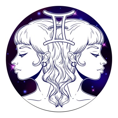 Gemini zodiac sign artwork, beautiful girl face, horoscope symbo clipart