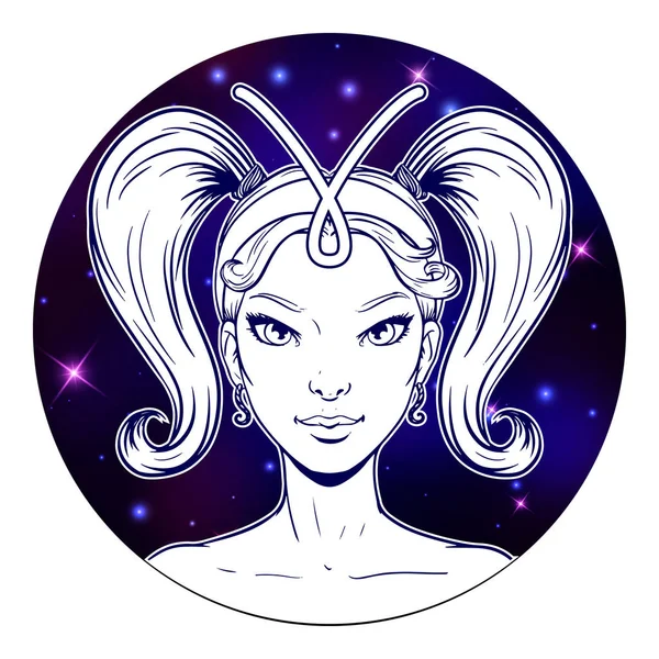 Bélier signe du zodiaque illustration, beau visage de fille, symbole de l'horoscope — Image vectorielle