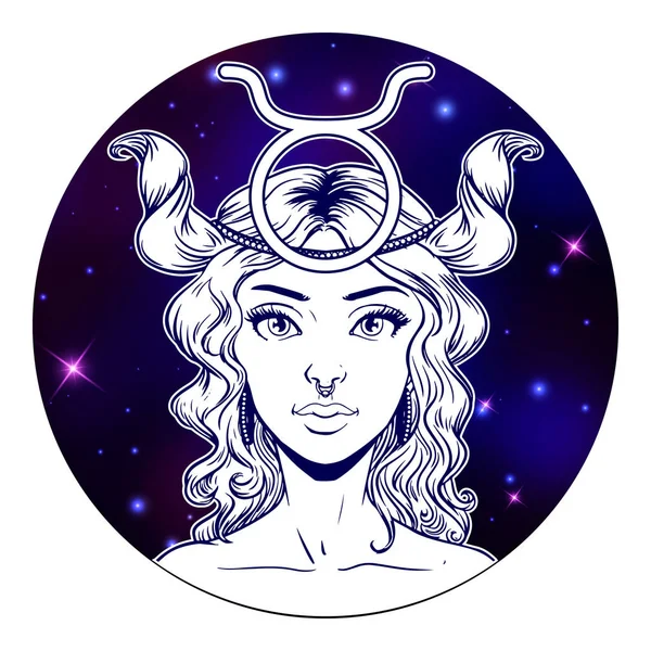 Byk zodiak znak kompozycji, piękna dziewczyna twarz, horoskop żeton — Wektor stockowy