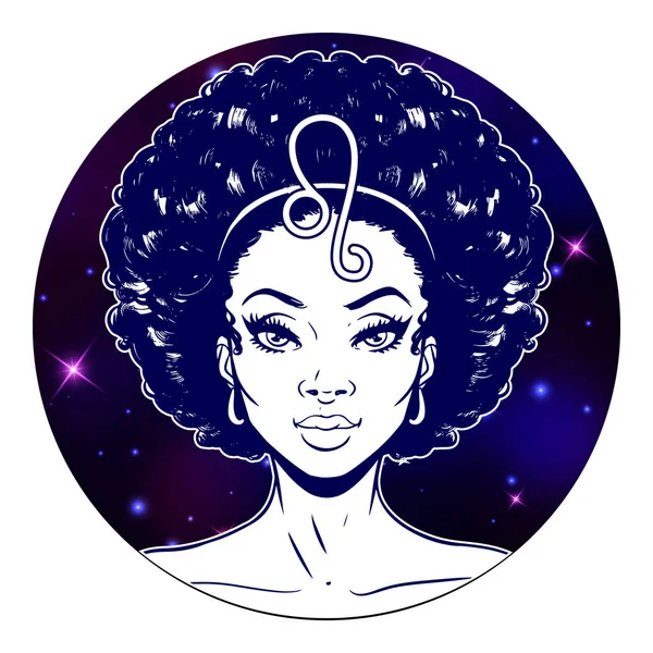 Leo signe du zodiaque illustration, beau visage de fille, symbole de l'horoscope , — Image vectorielle