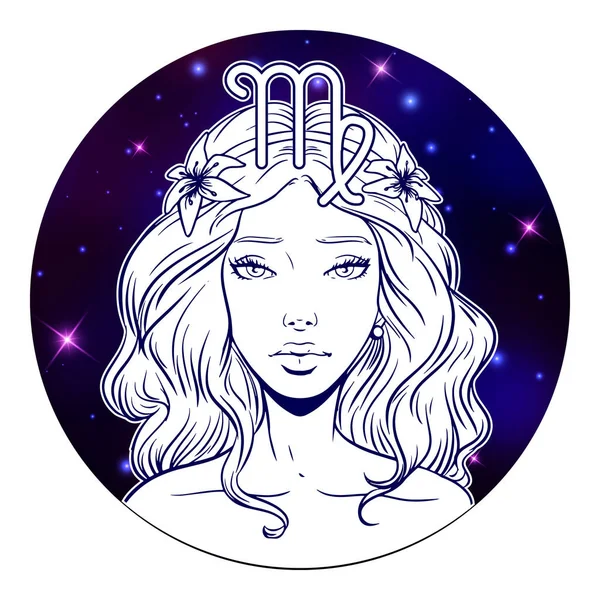 Virgo signo del zodiaco obras de arte, cara de chica hermosa, símbolo de horóscopo — Vector de stock