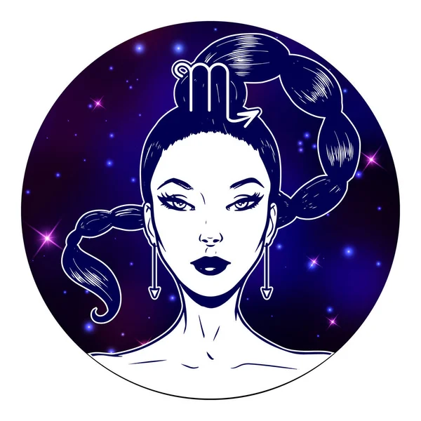 Skorpionen zodiac sign konstverk, vacker flicka ansikte, horoskop symb — Stock vektor