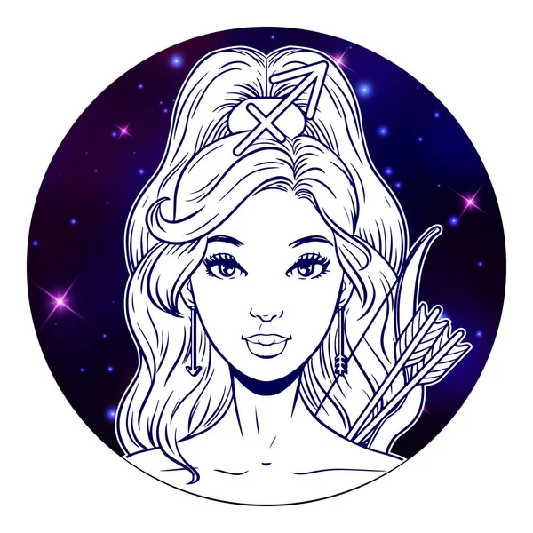 Sagittarius Sternzeichen Kunstwerk, schönes Mädchengesicht, Horoskop — Stockvektor