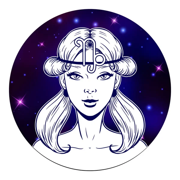 Capricornio signo del zodiaco obras de arte, hermosa cara de chica, horóscopo sy — Vector de stock