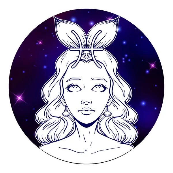Fische Sternzeichen Kunstwerk, schönes Mädchengesicht, Horoskop-Symbol — Stockvektor