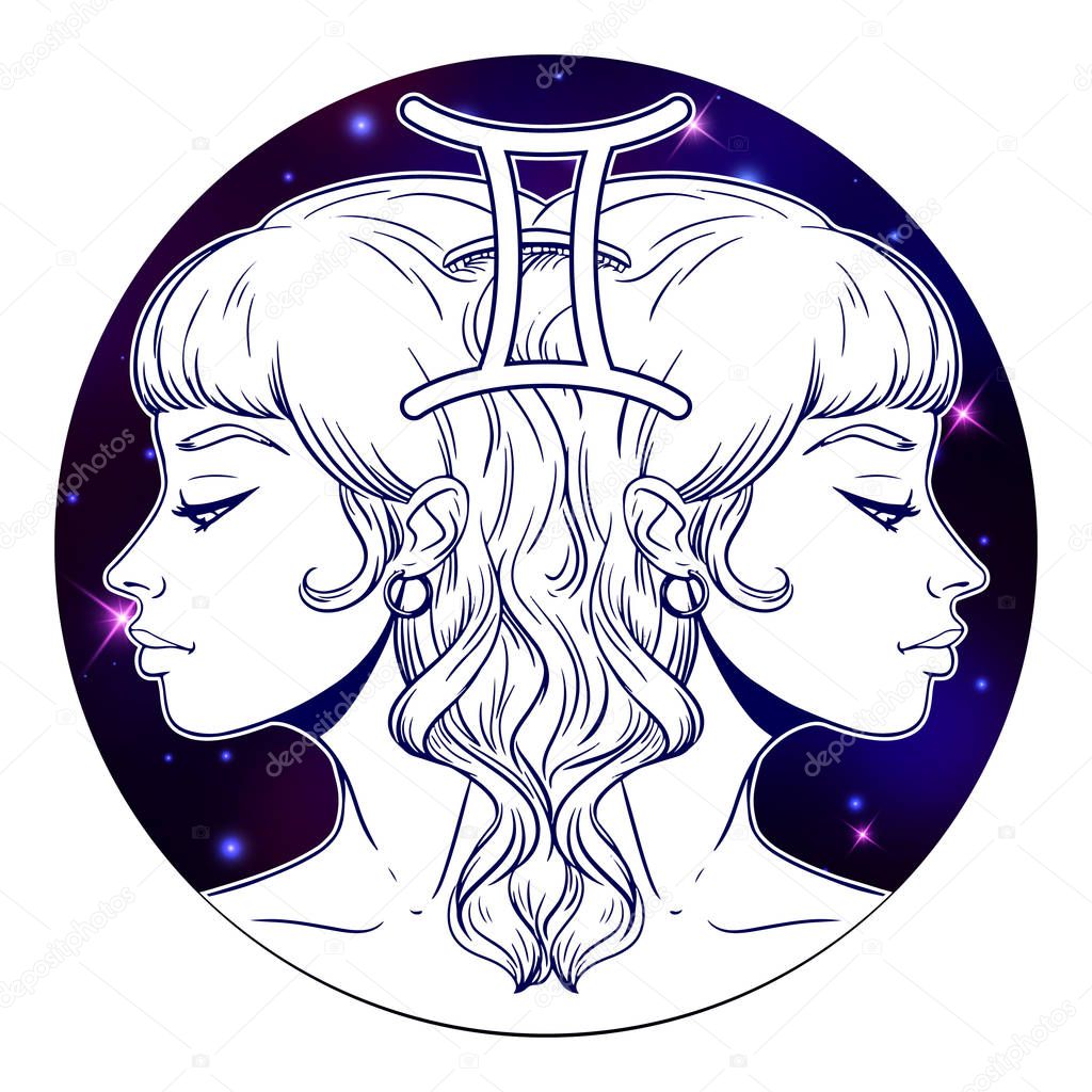 Gemini zodiac sign artwork, beautiful girl face, horoscope symbo