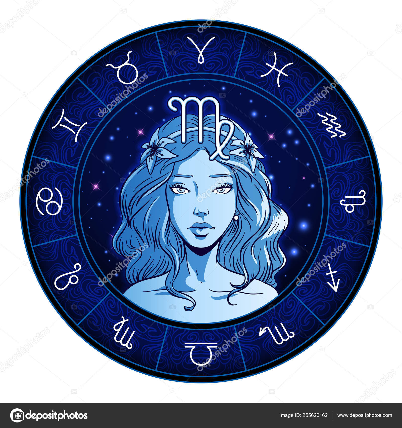 Virgo zodiac sign artwork, beautiful girl face, horoscope symbol Stock ...