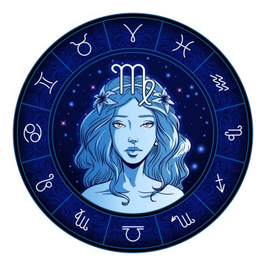 Virgo zodiac sign artwork, beautiful girl face, horoscope symbol clipart